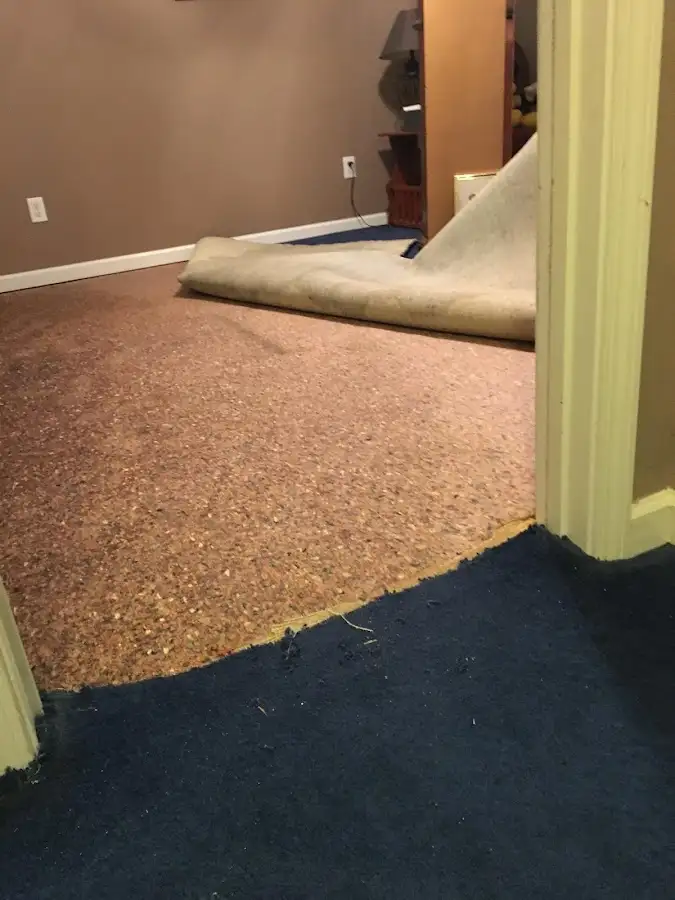 Carpet pad removal revealing water damage during Water Mitigation Services in Spanish Springs